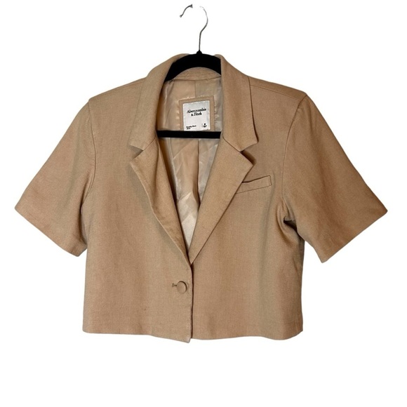 Abercrombie & Fitch Women's Cropped Short Sleeve Linen Blend Neutral Blazer- Med - Picture 5 of 13